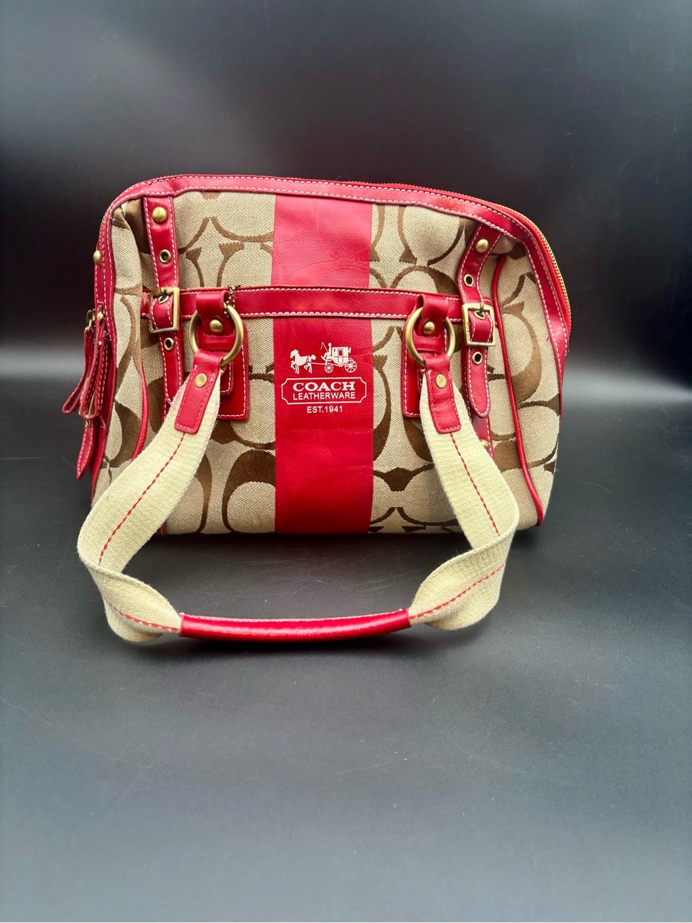 Vintage Faux Coach Hamptons Signature Carryall Tote Bag Red Leather Trim